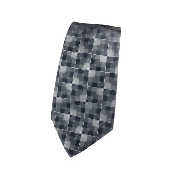 Marc Anthony Mens 100% Silk Gray Checkered Necktie Business Career - Picture 2 of 6